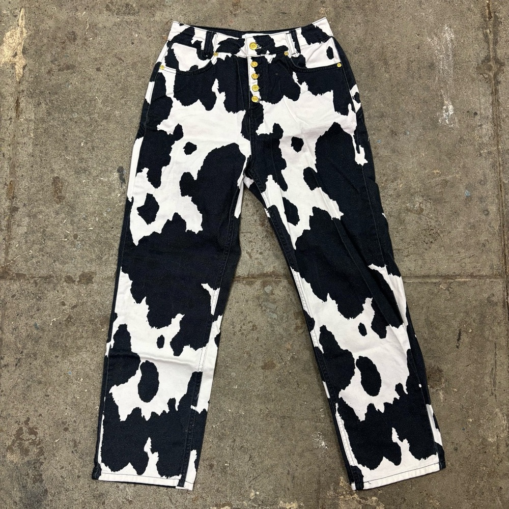House of Sunny High Waist Cow Print Denim Jeans